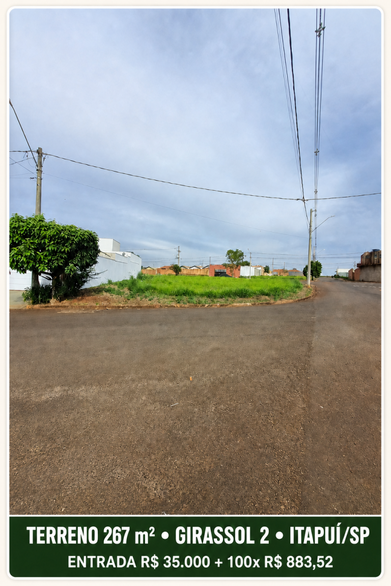 Terreno de esquina no Residencial Girassol II — o lugar certo para construir sua casa em Itapuí/SP