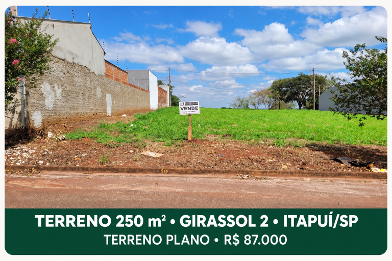 Terreno Plano 250 m² no Residencial Girassol 2 | Itapuí/SP